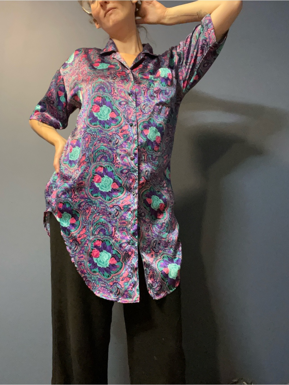 Purple Floral Paisley Long Button-Up Tunic Top